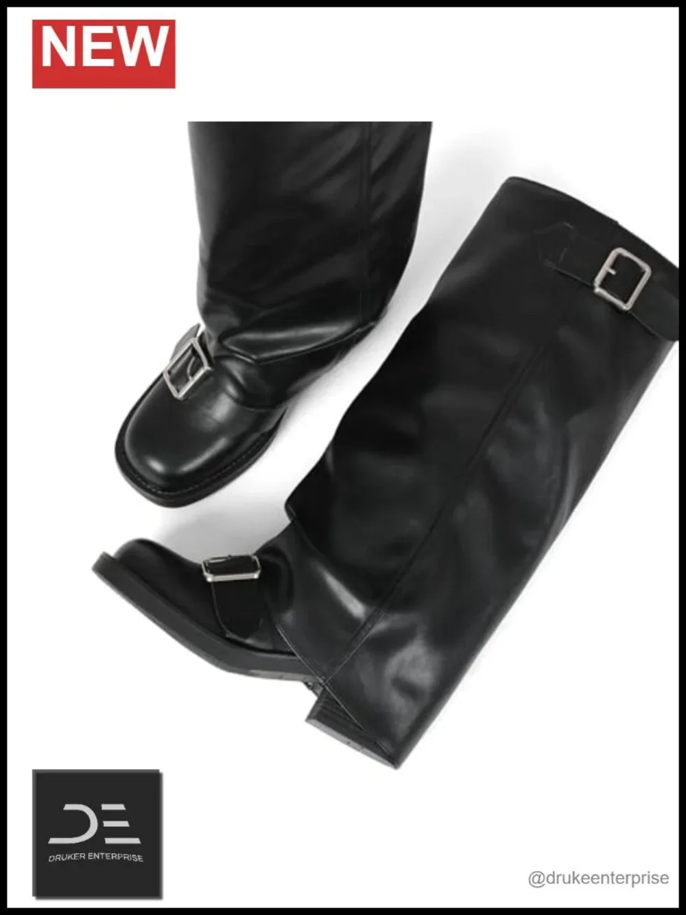 Fold Over Knee High Boots Women Slouchy Chunky Heel Pull On Buckle